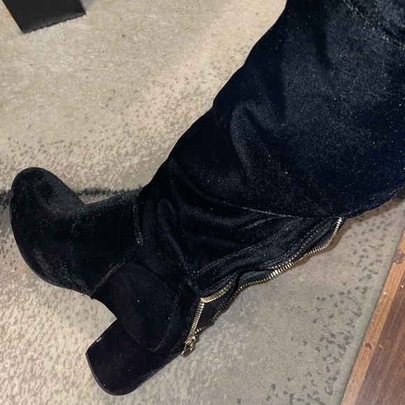 Black Faux Suede over the knee block heel boots - Picture 8 of 9